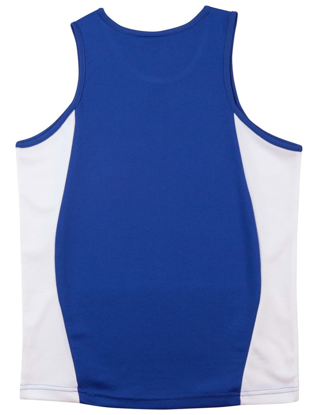 A blue and white men's singlet featuring contrast mesh panels and a logo.