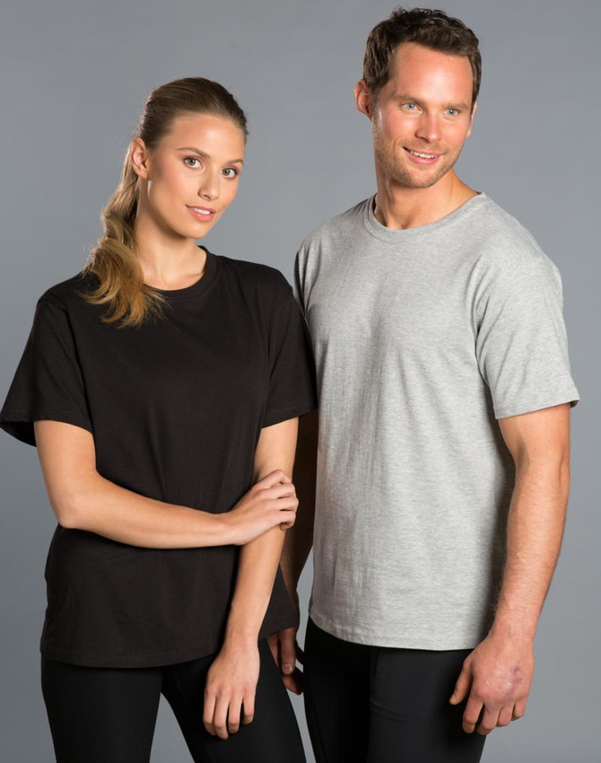 A black unisex cotton tee and a grey unisex cotton tee are worn by a man and a woman. Both tees feature a logo.