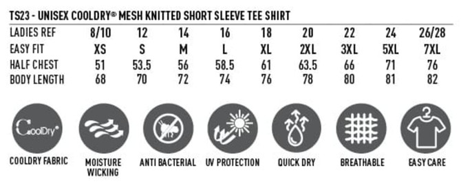 A unisex short sleeve tee in various sizes, featuring Cooldry fabric and related care icons.