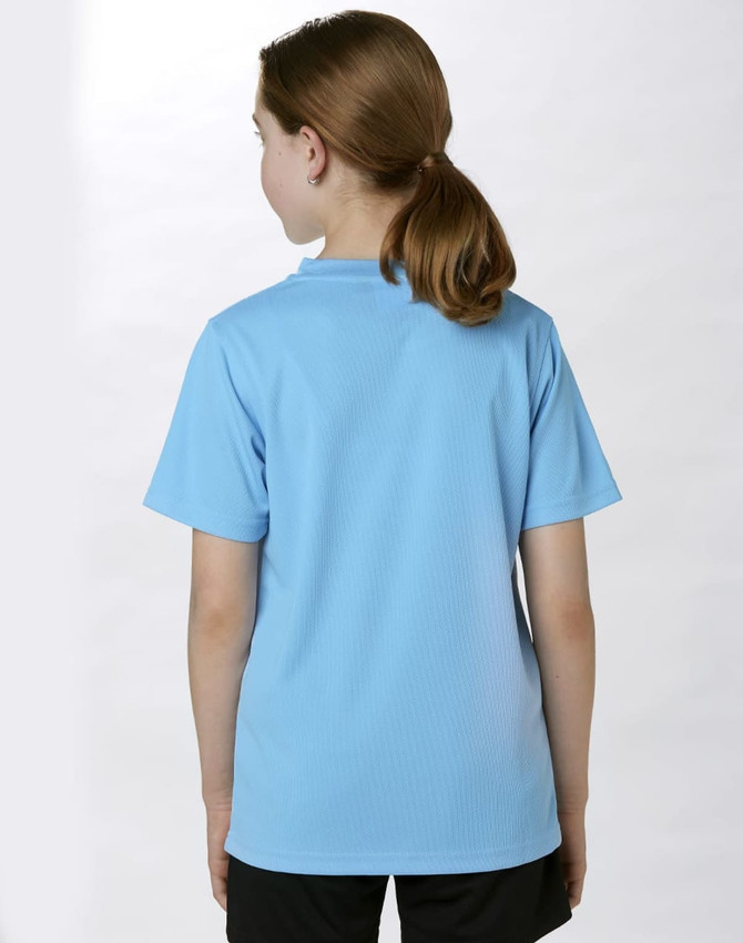 A short sleeve tee in light blue, featuring a simple design and a logo, viewed from the back.