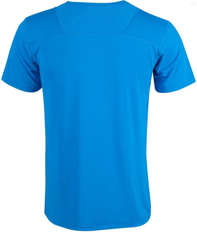 A blue Men's Cooldry Stretch Tee with a smooth fabric and a textured shoulder design. Features a logo on the back.