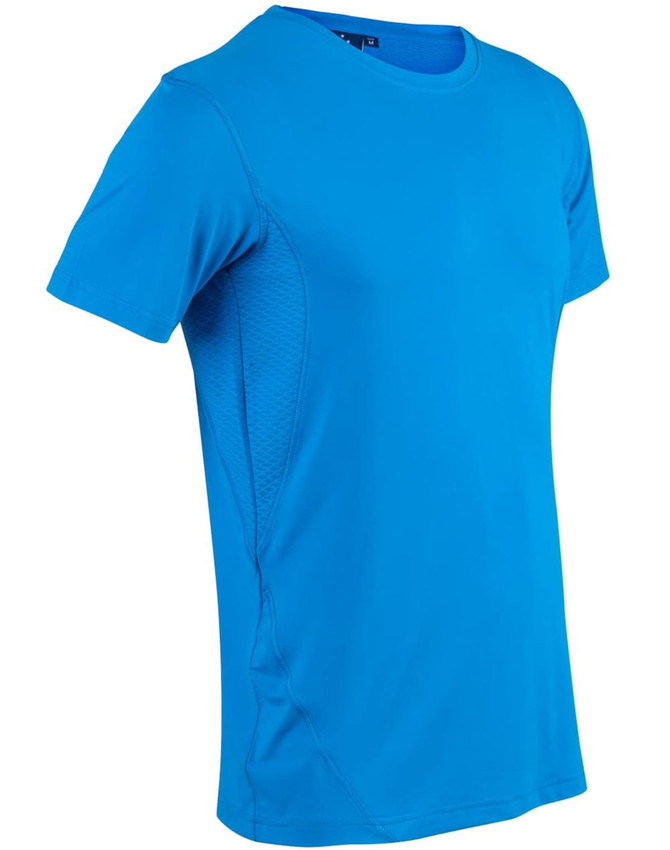 A blue men's Cooldry stretch tee featuring short sleeves and a textured side panel. It has a logo on it.
