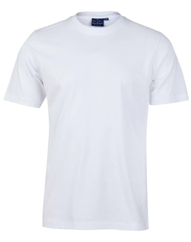 A plain white semi-fitted cotton T-shirt with short sleeves. Features a branding label inside the neckline.