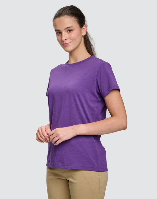 A purple ladies' cotton semi-fitted tee displayed on a model, featuring a simple design and short sleeves.
