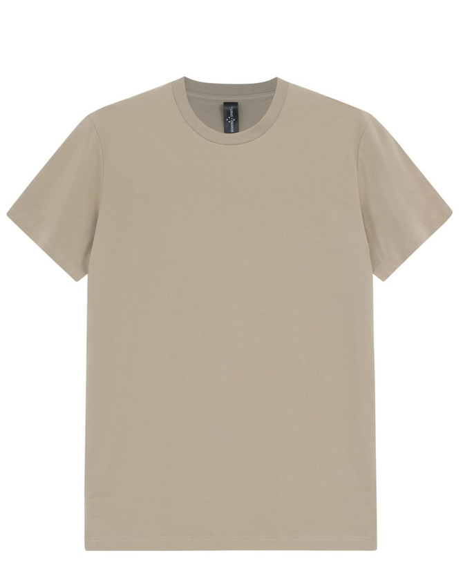 A men's premium cotton tee in a light beige colour, featuring short sleeves and a round neckline, with a logo tag.