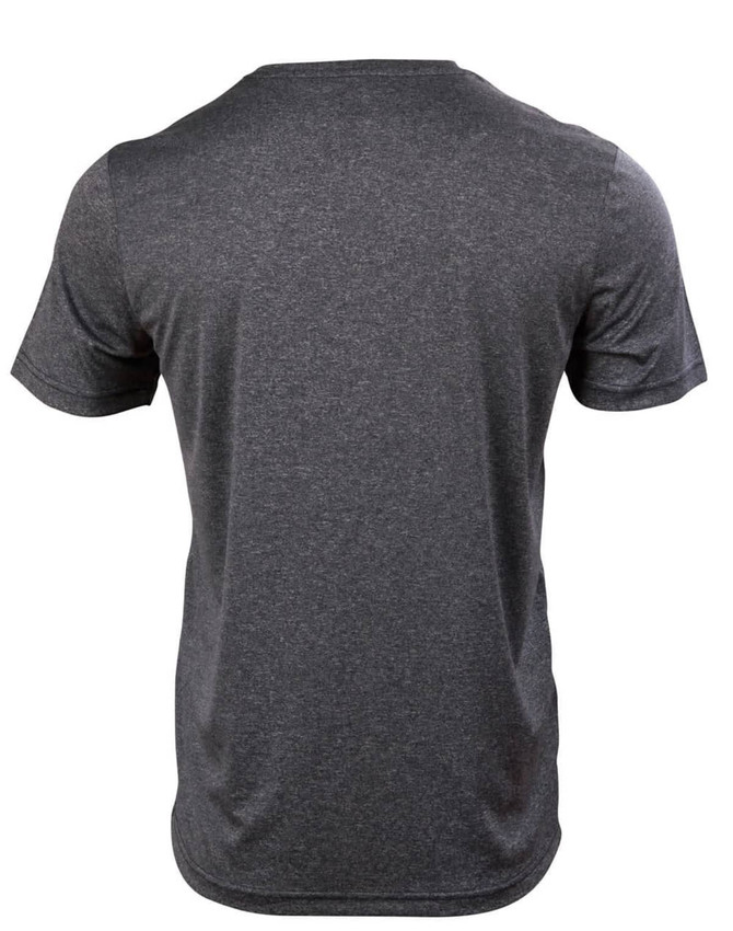 A grey short sleeve tee with a casual fit, featuring a plain design and a branding logo on the back.