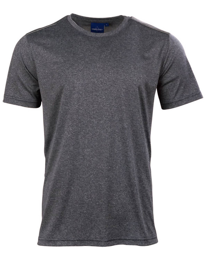 Men's short sleeve tee in a heather grey colour, featuring a logo on the chest.