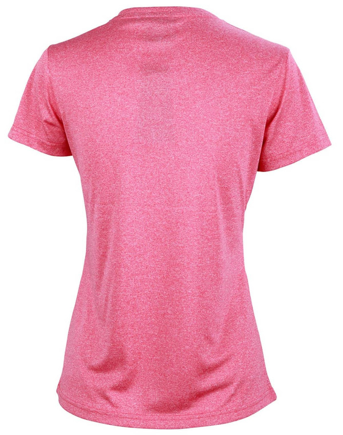 A short sleeve tee in a vibrant pink hue, featuring a smooth texture and a fitted silhouette. It has a logo on the back.
