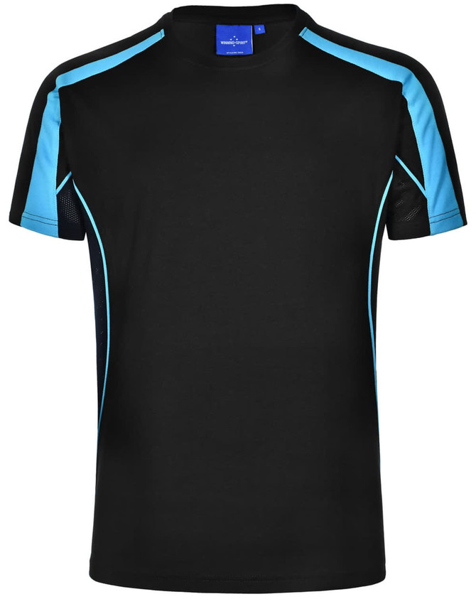 A black short-sleeve T-shirt with blue accents and a logo on the neckline.