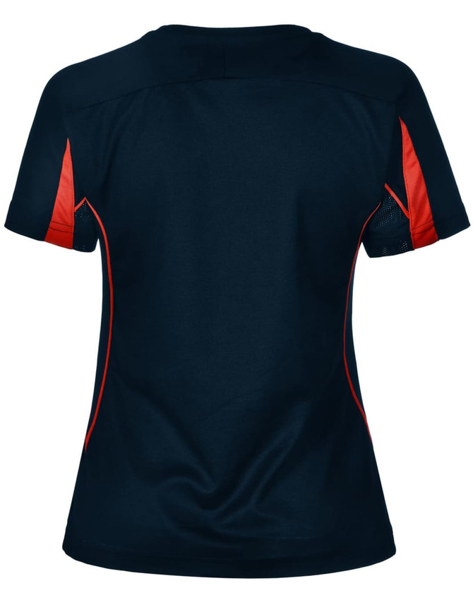 A navy blue ladies' T-shirt with red accents on the sides and back. The shirt has a logo.