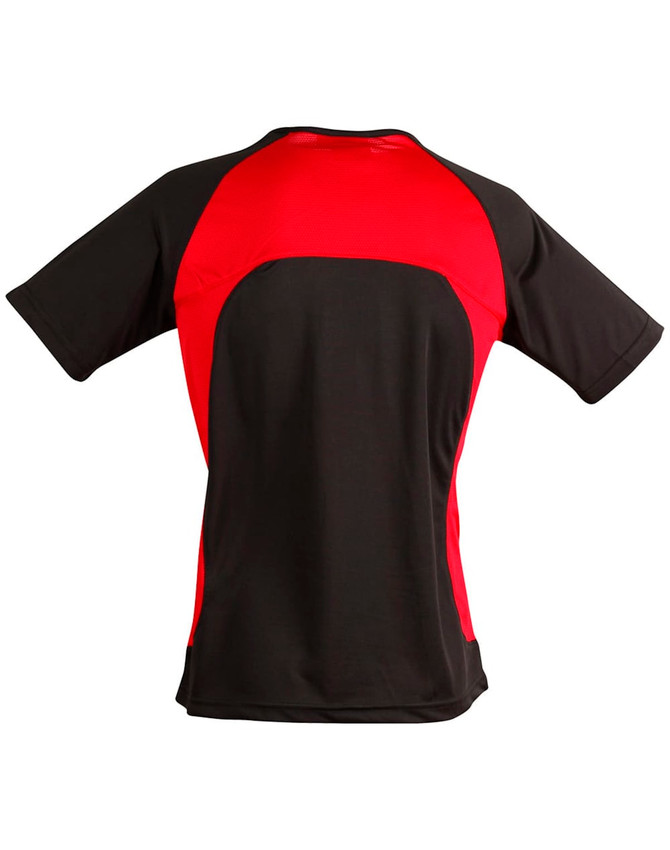 A red and black men's t-shirt with short sleeves and a logo on the back.