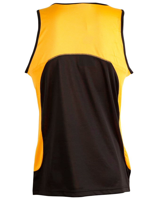A men's sprint singlet in black and yellow, featuring a mesh design and a logo.