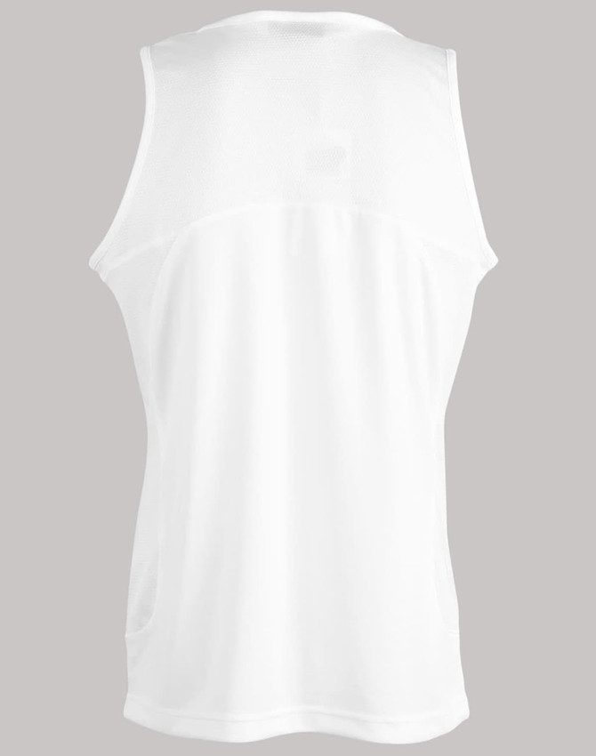 A white men's sprint singlet featuring a logo and a simple, sleeveless design.