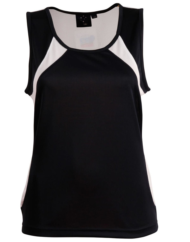 A black ladies' sprint singlet with white mesh side panels. The top features a standard sleeveless design and a logo.