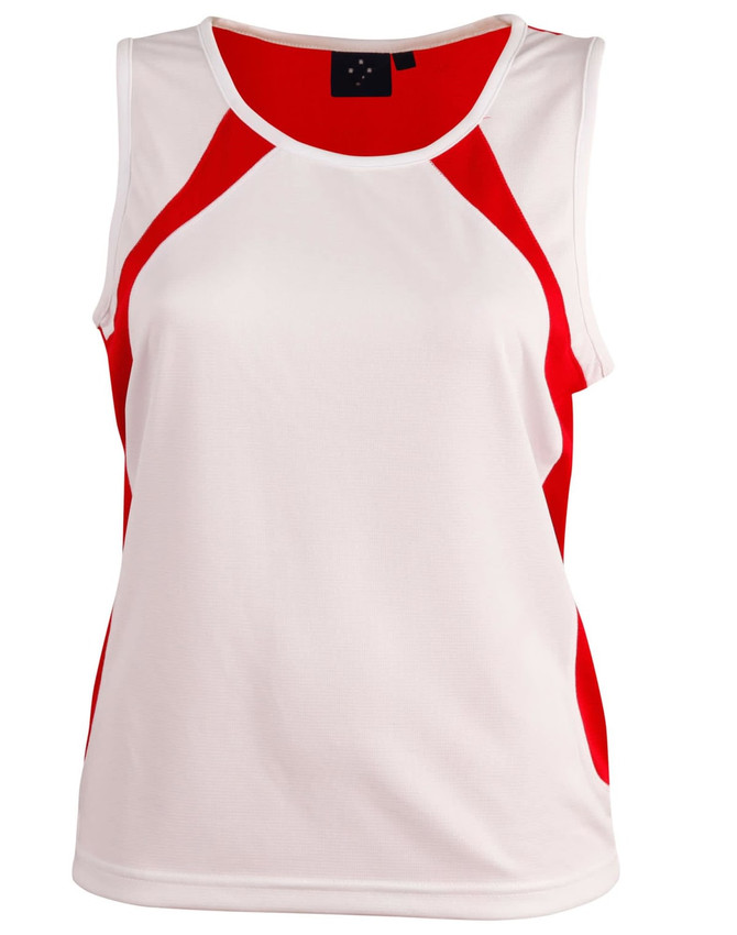A white singlet featuring red accents and a logo on the neckline. Suitable for women's athletic wear.
