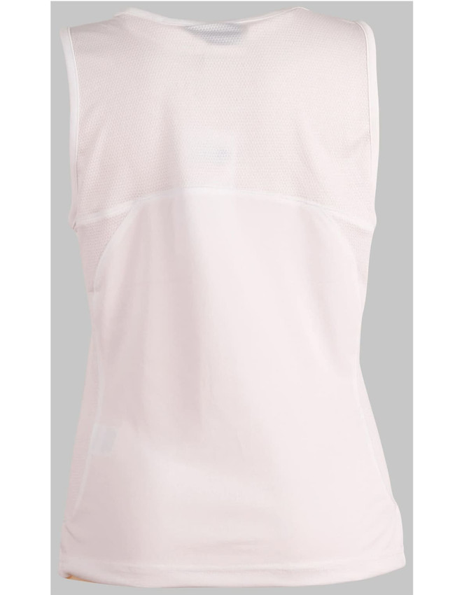 A women's singlet in light pink, featuring a mesh back and a logo. Ideal for sportswear.