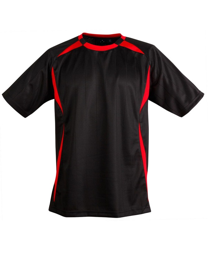 A black soccer jersey with red accents and a logo, featuring short sleeves and a round neck design.