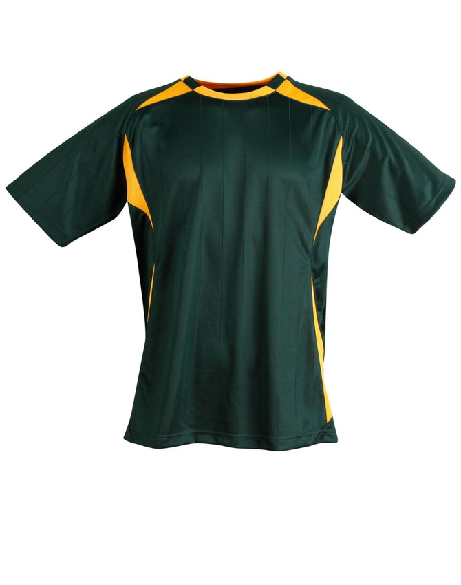 A green and yellow adults' soccer jersey with short sleeves and a logo.