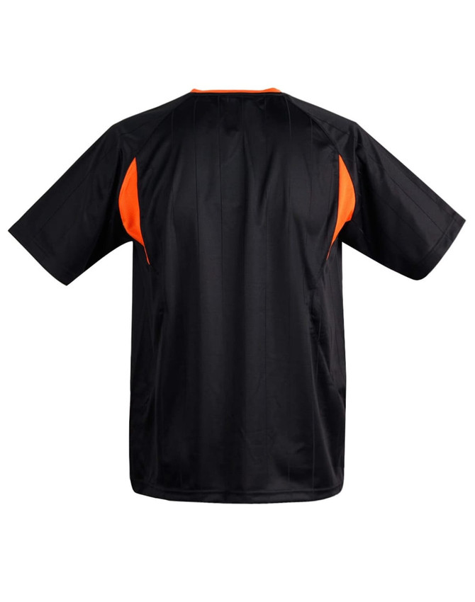A black kid's soccer jersey with orange accents, featuring short sleeves and a logo on the back.