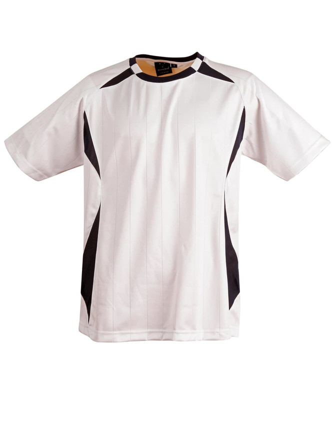 A kid's soccer jersey in white with black accents and a logo on the front.
