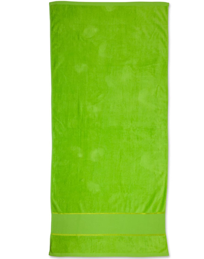 A bright green terry velour beach towel measuring 75x150 cm, featuring a simple design and a branding logo.