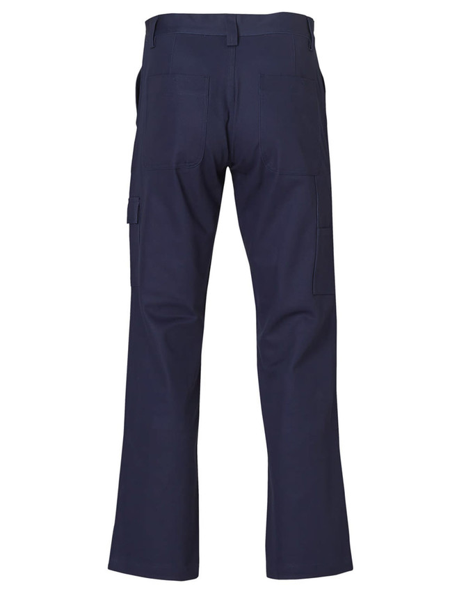 Navy blue men's cargo pants featuring pockets and knee pads, designed for durability and comfort.