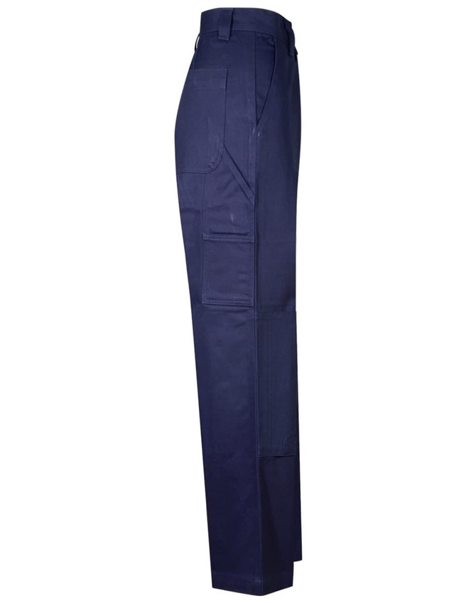 Navy cotton drill cargo pants with pre-shrunk fabric and knee pads, featuring pockets and a side view.