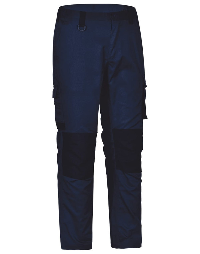Unisex utility stretch cargo work pants in navy blue with black accents and multiple cargo pockets. Features a logo.