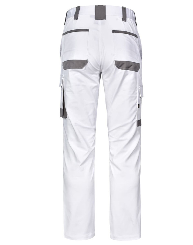 Unisex utility stretch cargo work pants in white, featuring multiple pockets and a logo.