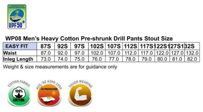 Promotional image of stout fit drill pant pockets, featuring various measurements and a logo, in a detailed layout.
