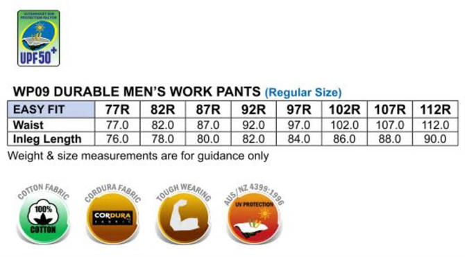 A chart displaying measurements for the Heavy Duck Weave Dura-Wear Work Pant in various sizes.
