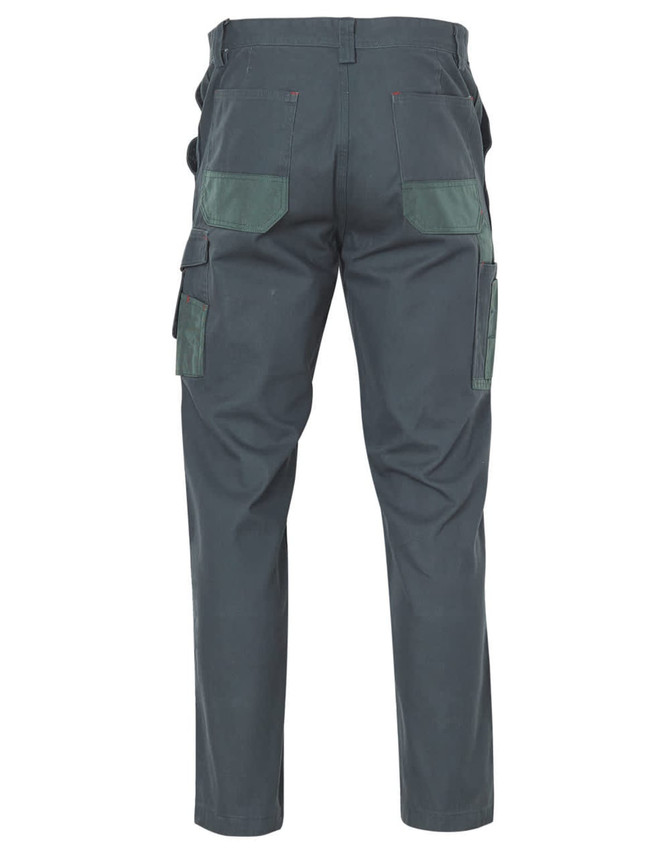A pair of stout work pants in dark green, featuring multiple pockets and a durable design.