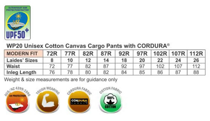A set of size and measurement charts for unisex cotton canvas cargo work pants, featuring a logo and specifics on fabric.