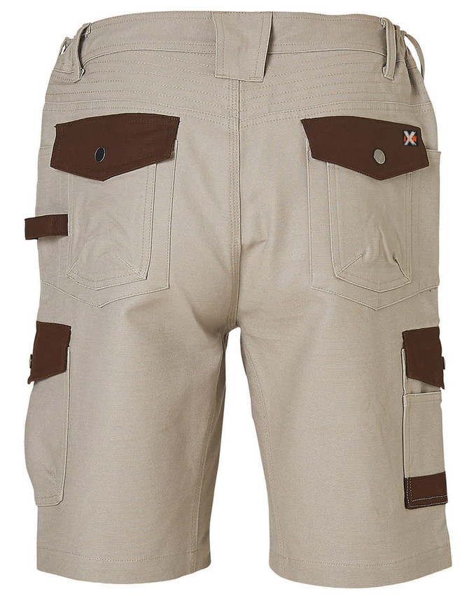 Beige work shorts featuring brown accents and pockets, with a logo on the back.