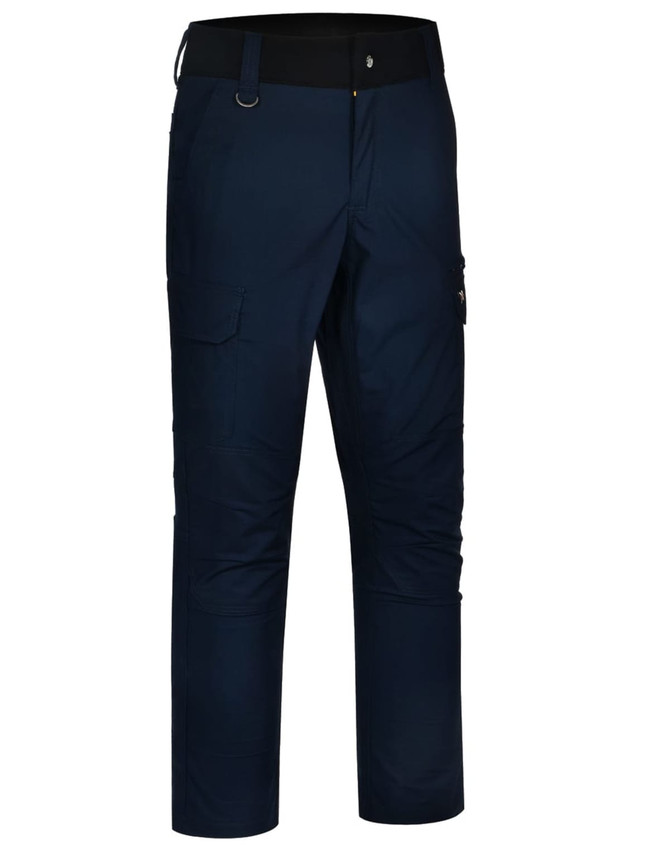 Navy work pants made of rip-stop poly/cotton blend, featuring pockets and a secure waistband. 