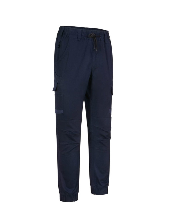 Unisex cotton stretch drill cuffed work pants in navy, featuring side pockets and a drawstring waist.