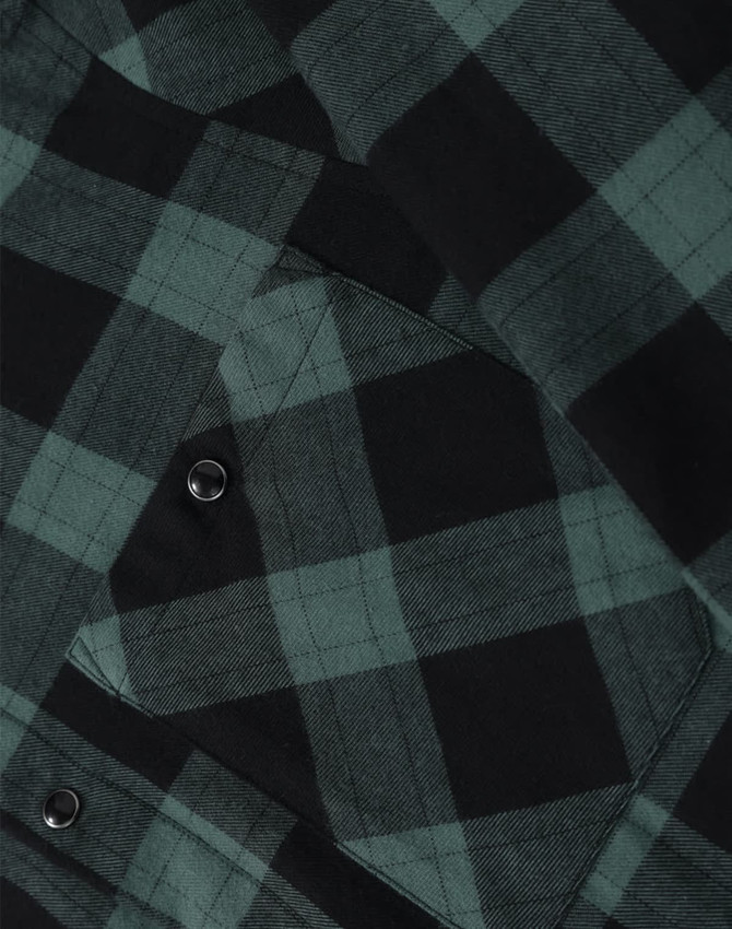 A close-up of a unisex flannel plaid shirt featuring a black and dark green check pattern with button details.