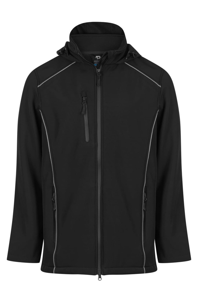 A black soft shell jacket with a hood, featuring zippered pockets and contrasting trim.