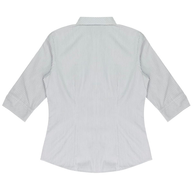 A light green and white striped button-up shirt with 3/4 sleeves and a collar, featuring a logo.