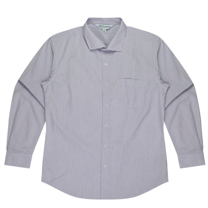 A long-sleeve button-up shirt in light purple and white stripes with a single chest pocket and a logo.