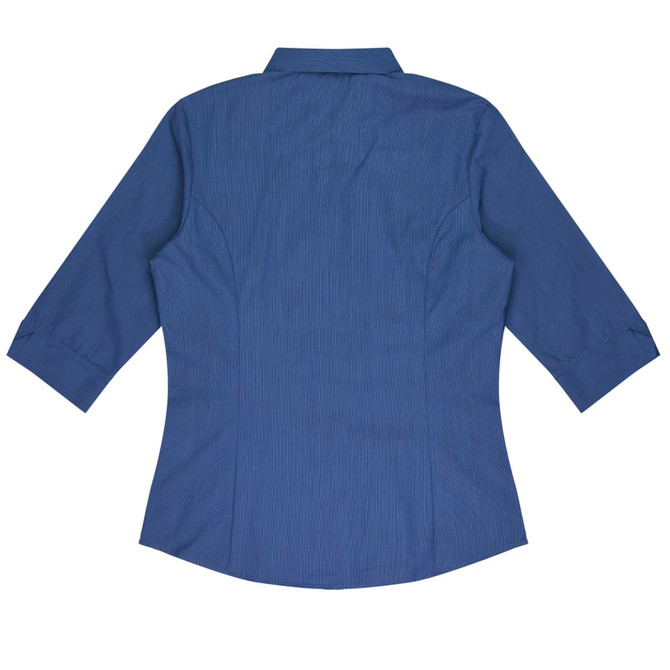 A blue button-up shirt with 3/4 sleeves, featuring a fitted design and a collar. Includes a logo.