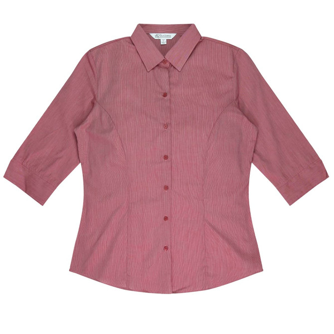 A button-up shirt with 3/4 sleeves in a light red colour, featuring a collar and a logo.