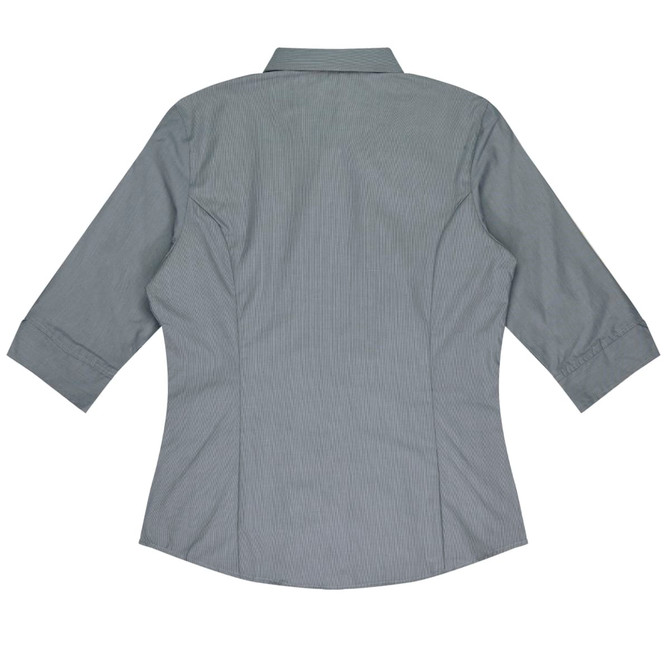 A grey button-up shirt with 3/4 sleeves and a fitted design, featuring a collar and back seams.
