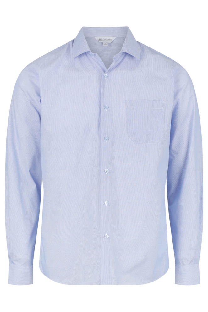 A light blue long sleeve button-up shirt with a chest pocket and a logo on the label.