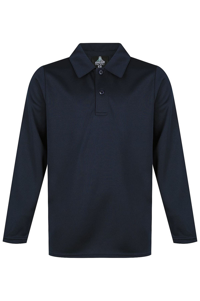 A long-sleeved navy polo shirt featuring a collar and buttons, with a logo on the chest. Ideal for casual wear.