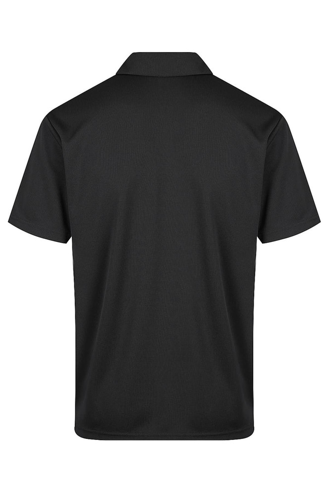 A black men's polo shirt featuring a classic collar and short sleeves, with a logo present on the design.