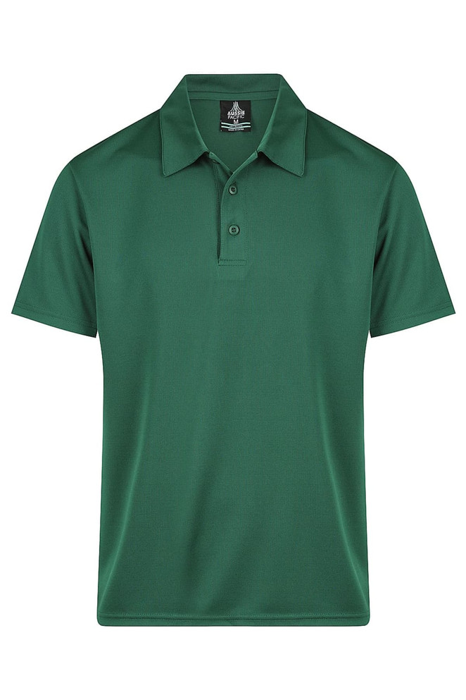 A green men's polo shirt with a collar, featuring buttons and a branding logo. Suitable for casual wear.