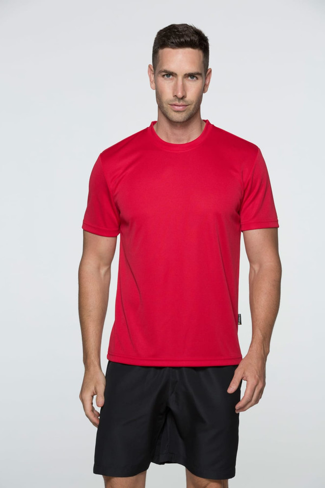 A red T-shirt designed for men, featuring a simple style and a logo on the side.