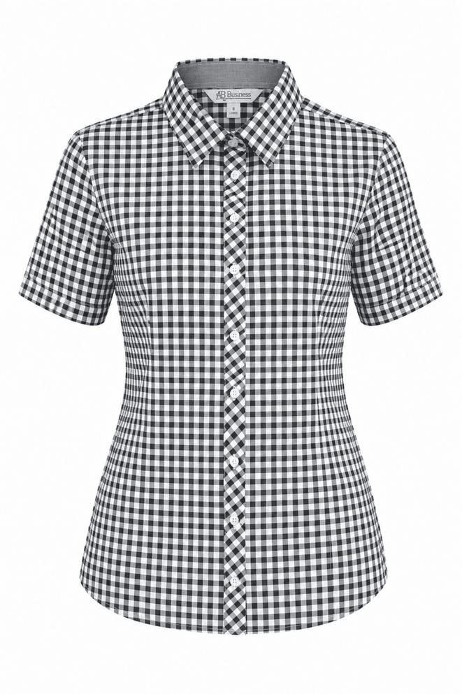 A short-sleeve button-up shirt in a black and white gingham pattern with a collar and a logo.