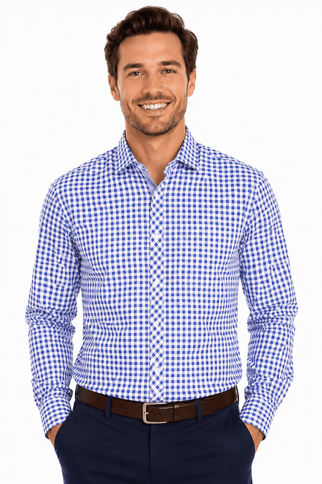 A long sleeve button-up shirt in blue and white gingham pattern, featuring a branded logo.